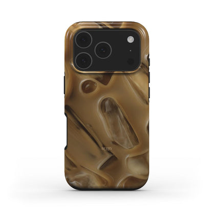 Trendy phone case featuring a brun, beige, and multicolored abstract pattern inspired by creamy latte espresso tones for a feminine and stylish look.