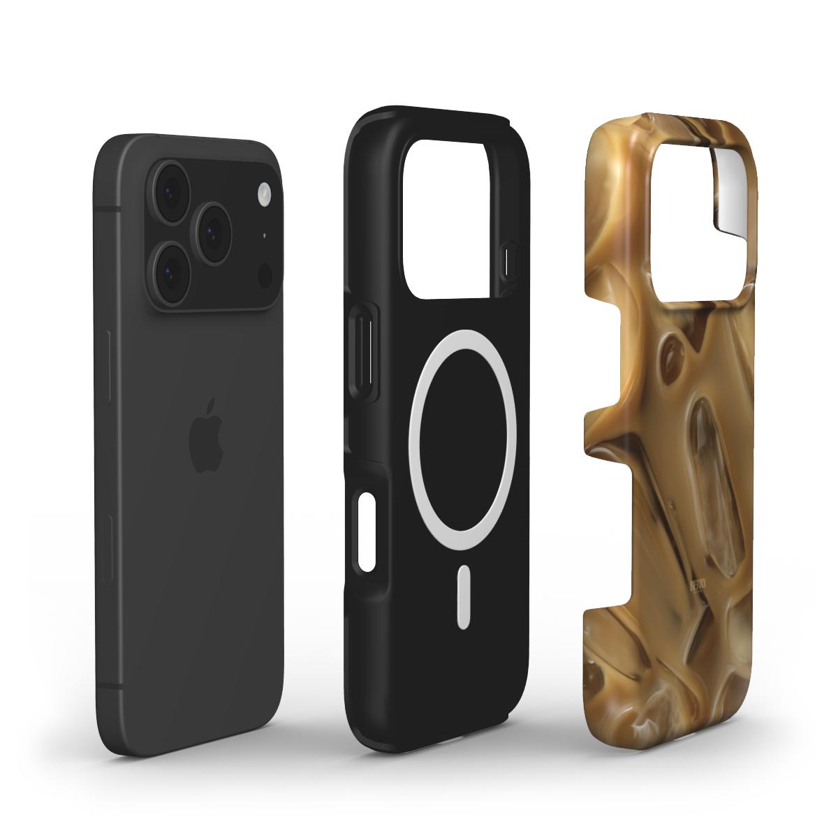 Two trendy phone cases for iPhone next to a black iPhone, one matte black with MagSafe ring and one multicolored brown and beige with a stylish pattern.