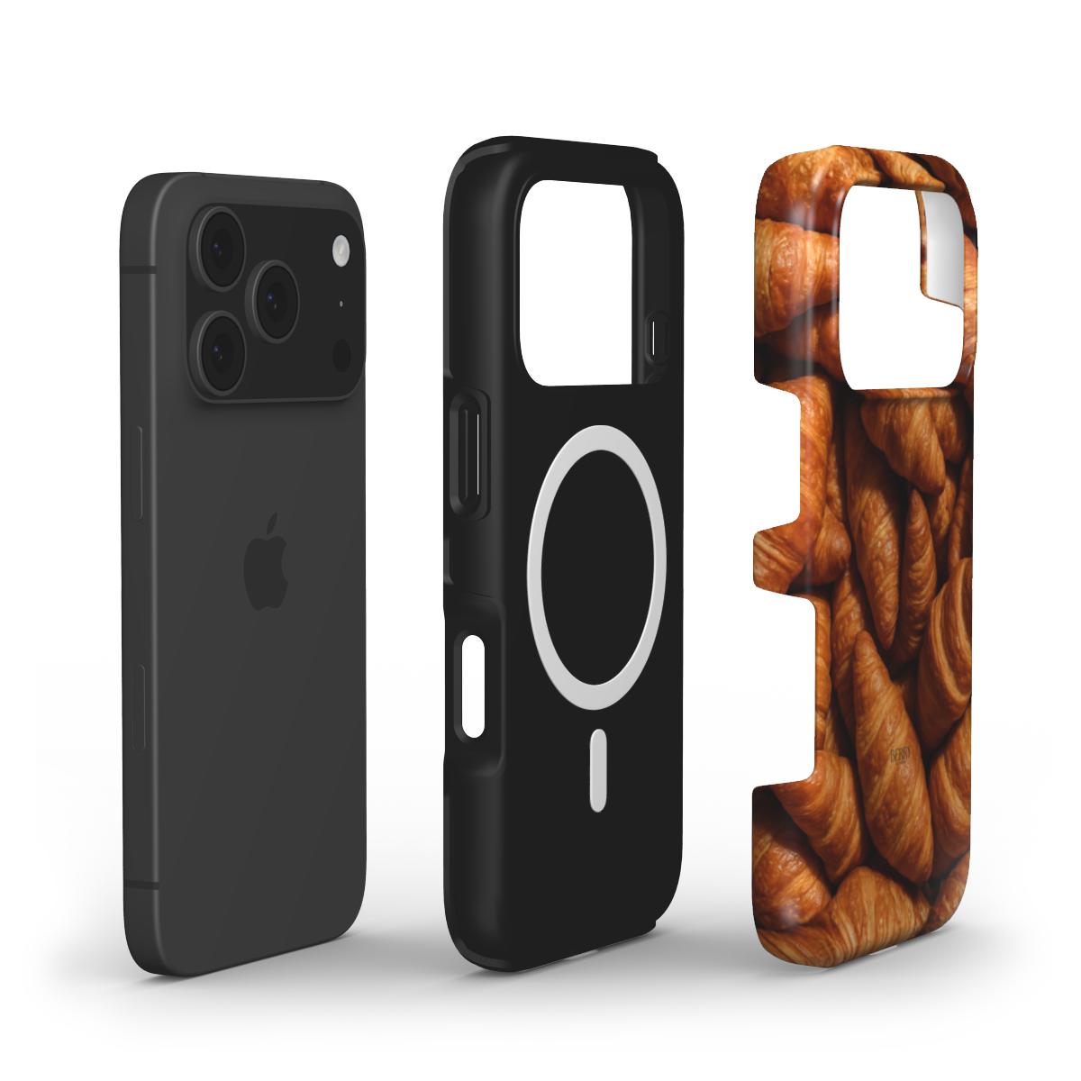 Phone case with trendy, feminine crispy crossaints pattern in brun and flerfarvet colors, designed for a stylish and beautiful look.