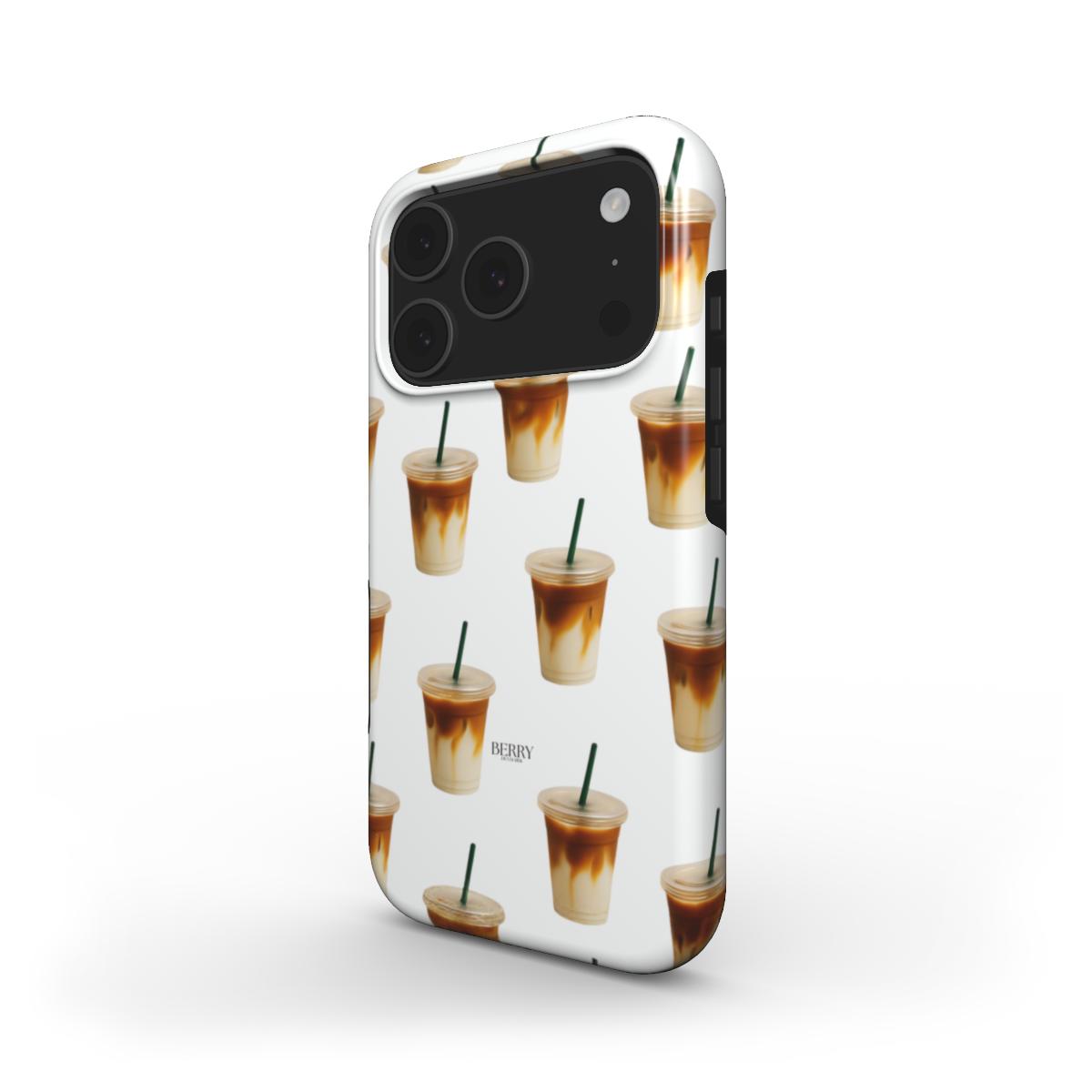 Trendy phone case with a feminine, multicolored iced latte pattern in white, brown, and beige, perfect for a stylish, popular look.
