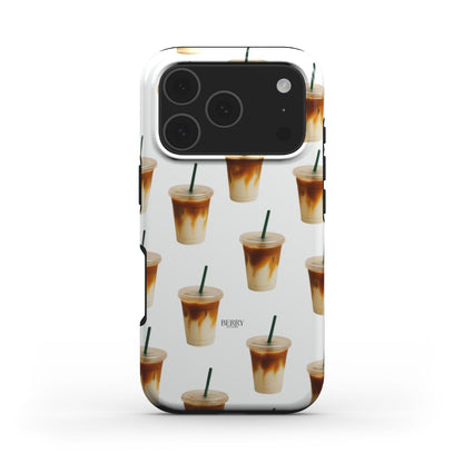 Trendy phone case with a stylish iced latte pattern in white, multi-colored, brown, and beige tones, perfect for a feminine and popular look.