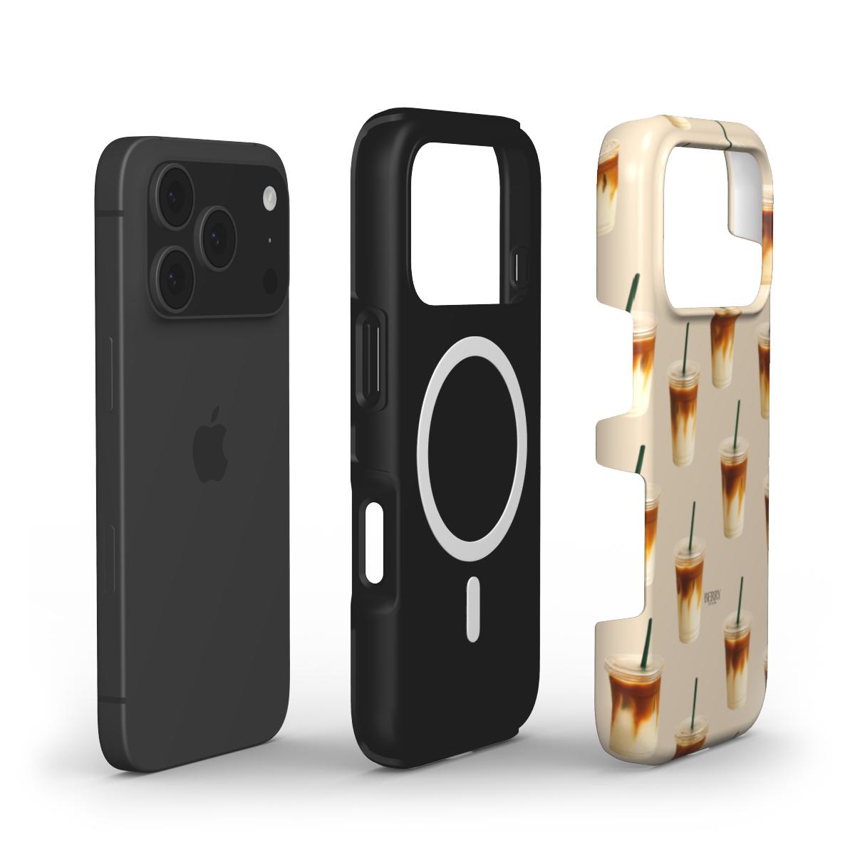 Trendy beige phone case with iced latte pattern beside sleek black phone and solid black magnetic case, perfect for a girly and feminine style.