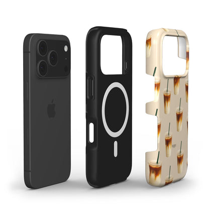Trendy beige phone case with iced latte pattern beside sleek black phone and solid black magnetic case, perfect for a girly and feminine style.