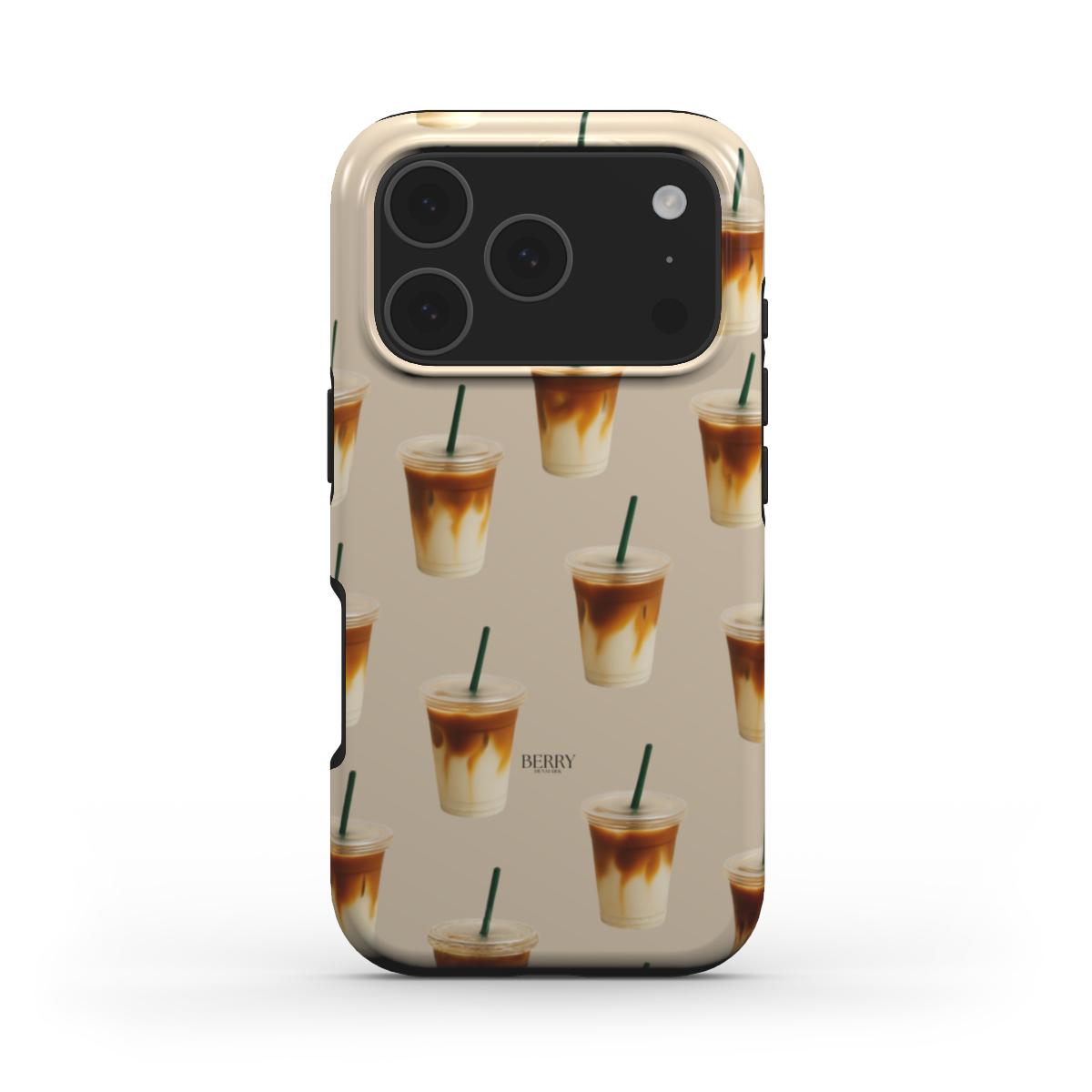 Trendy beige phone case with stylish iced latte pattern in beige, hvid, and flerfarvet tones, perfect for a feminine and popular look.