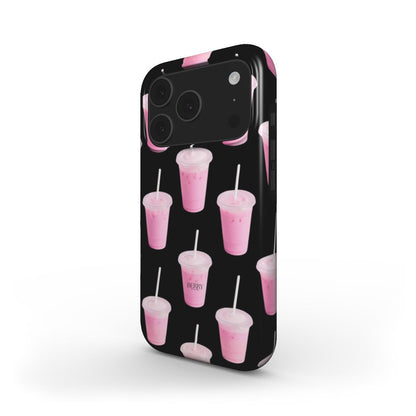 Trendy phone case with a feminine, colorful pattern of pink, flerfarvet, and black iced drinks in a stylish and girly design.