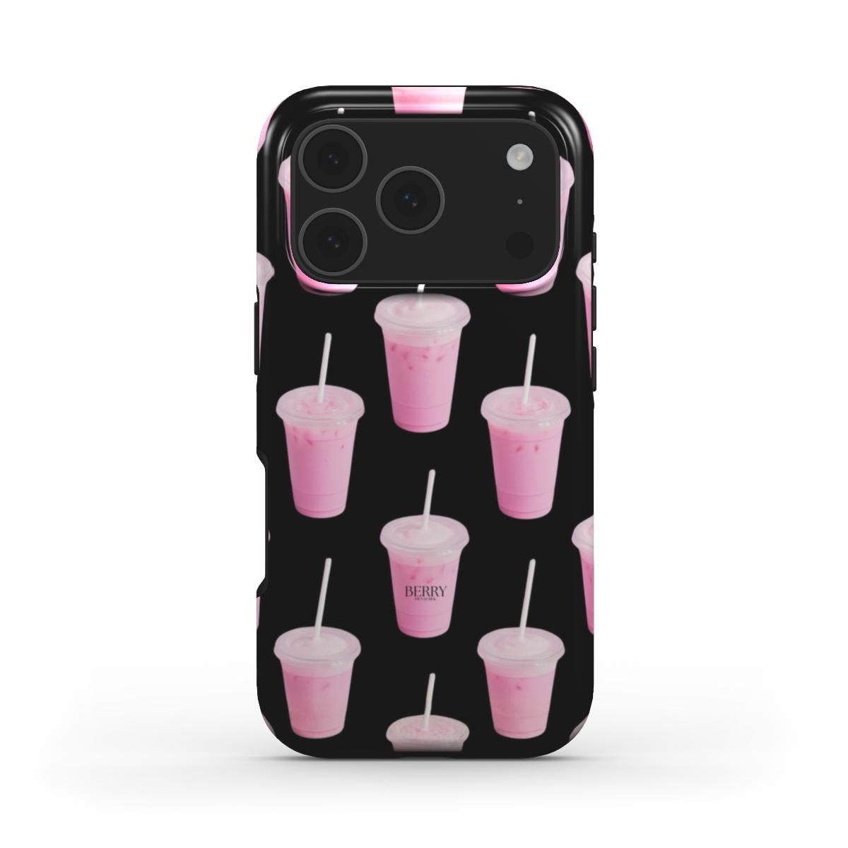 Trendy phone case featuring a feminine pattern of pink drinks on a black background, combining girly charm with a popular, aesthetic look.