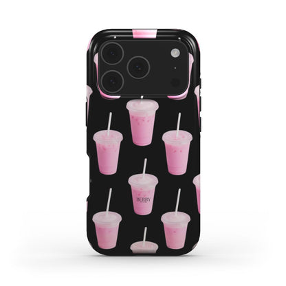 Trendy phone case featuring a feminine pattern of pink drinks on a black background, combining girly charm with a popular, aesthetic look.