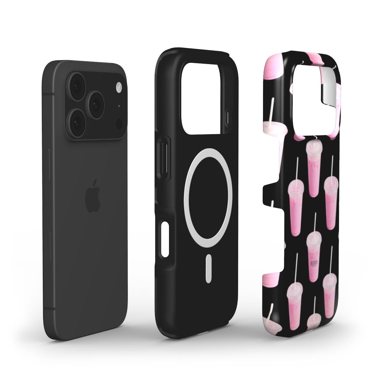 Trendy phone case with black base and colorful pink drink pattern, combining girly and feminine vibes with a stylish and popular aesthetic.