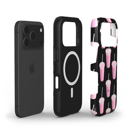 Trendy phone case with black base and colorful pink drink pattern, combining girly and feminine vibes with a stylish and popular aesthetic.