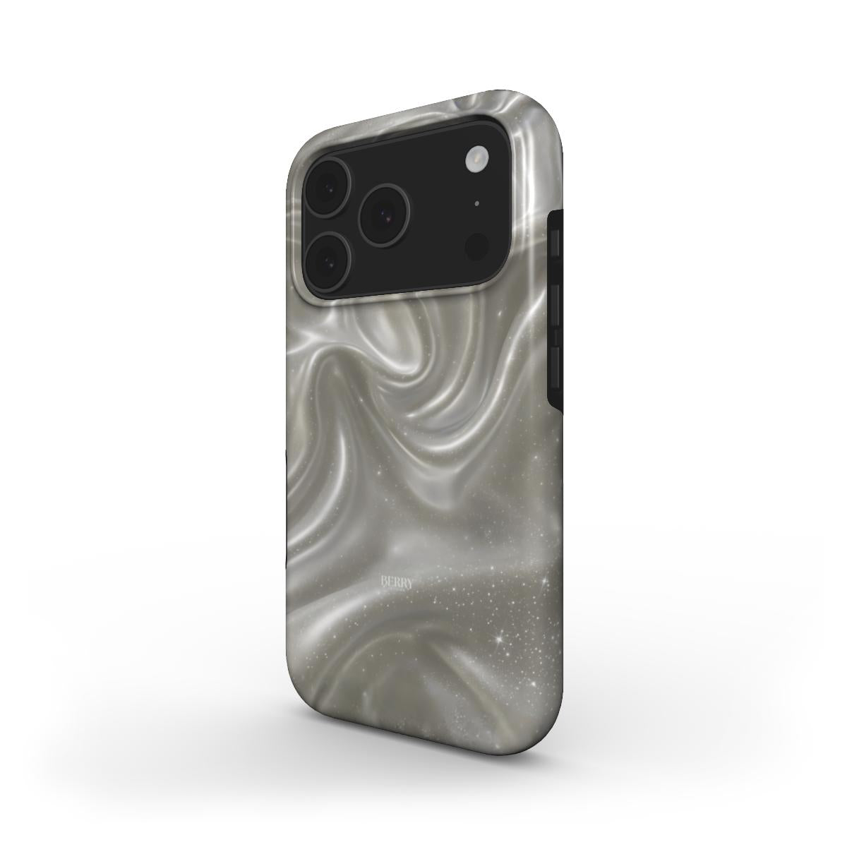 Trendy phone case in silver with a dreamy, silky swirl pattern and subtle sparkling details, combining elegant and feminine aesthetic appeal.