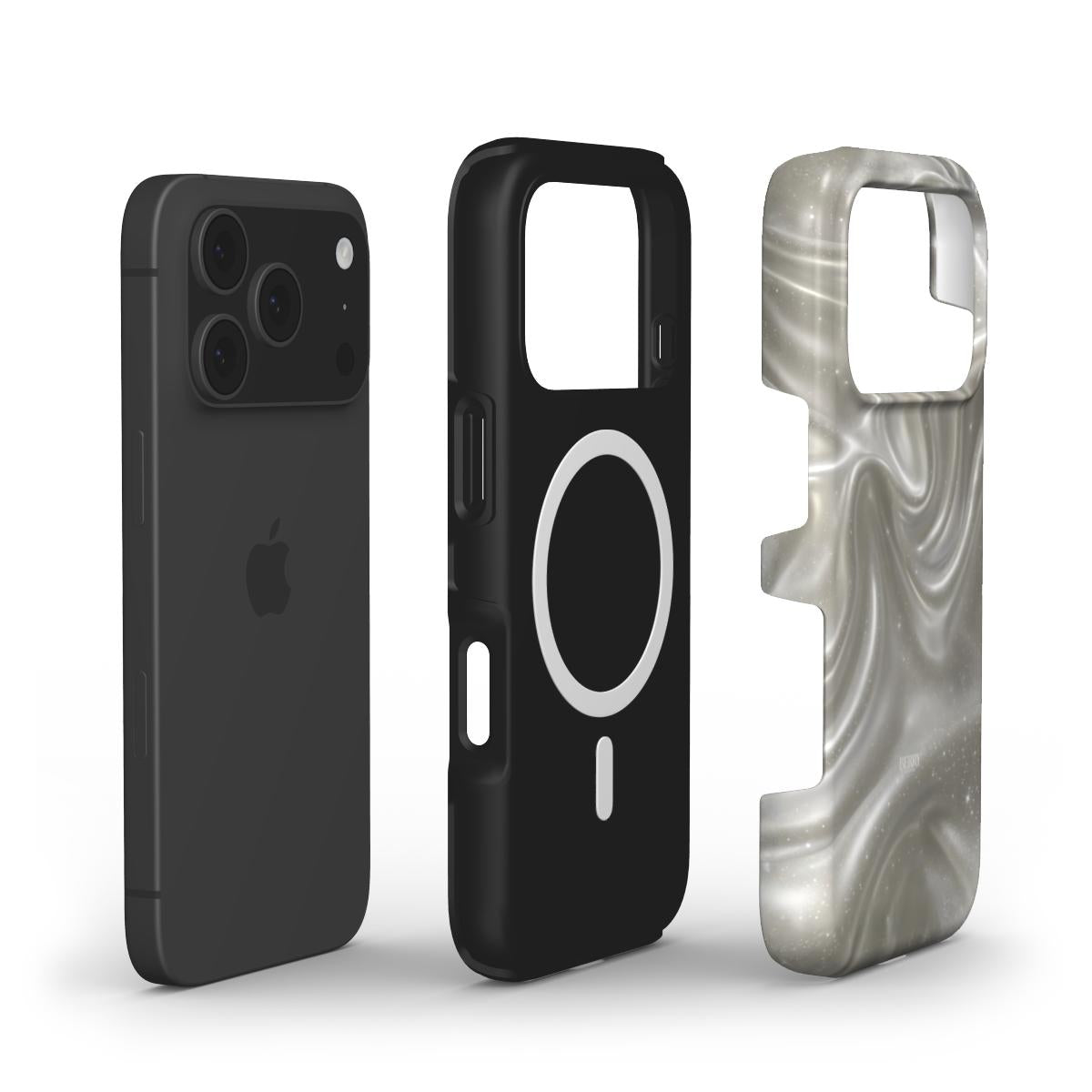 Trendy pearly white and beige swirled protective phone case, stylish and feminine with a sleek design fitting modern smartphones.