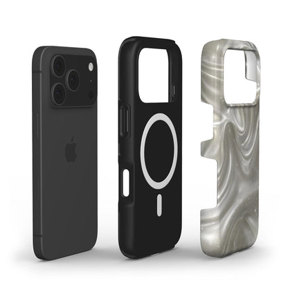 Trendy pearly white and beige swirled protective phone case, stylish and feminine with a sleek design fitting modern smartphones.