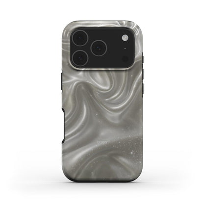 Trendy feminine phone case with a silky, dreamy silver pattern featuring subtle shimmer, blending white, beige, and multicolor hues for an elegant, girly look.