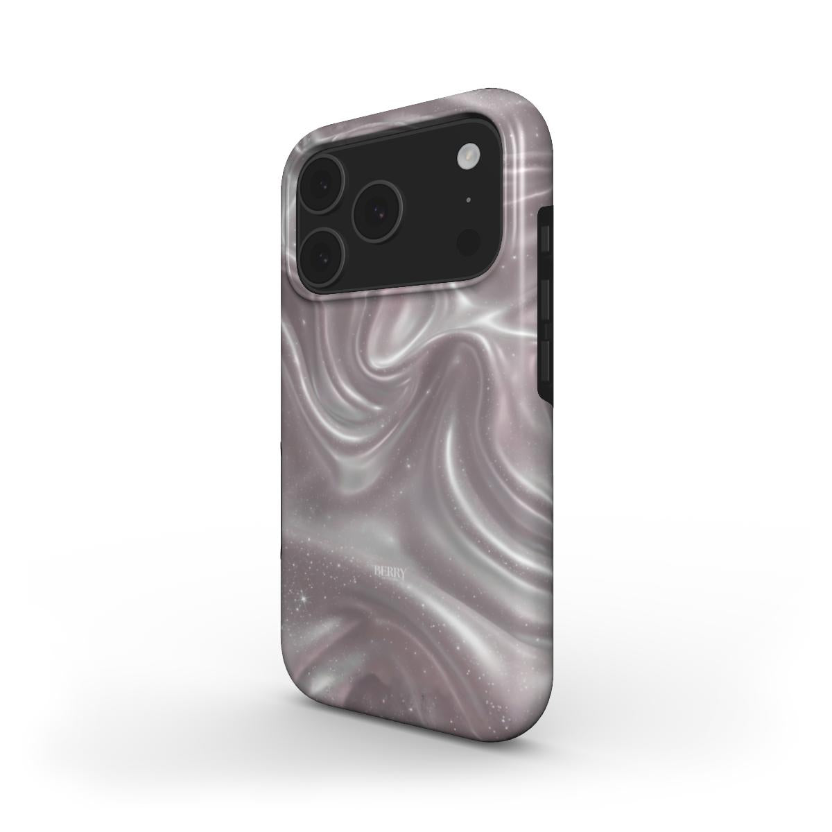 Trendy phone case with a dreamy pink, gray, and silver multicolored swirl pattern, offering a feminine and aesthetic look for that girl style.