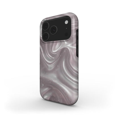Trendy phone case with a dreamy pink, gray, and silver multicolored swirl pattern, offering a feminine and aesthetic look for that girl style.
