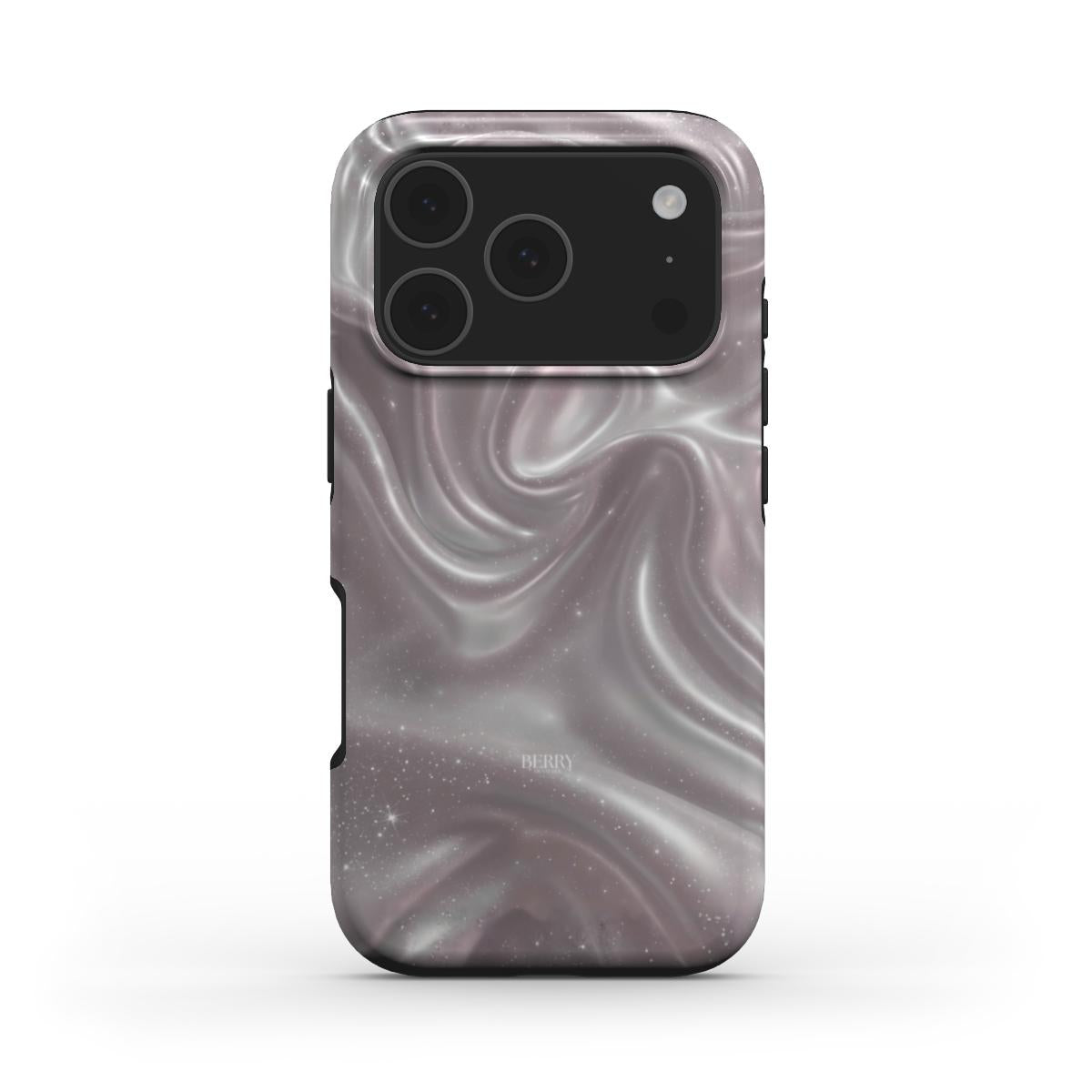 Trendy feminine phone case with a dreamy pink, gray, and silver swirl pattern, perfect for that girly, aesthetic, and popular style statement.