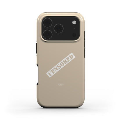 Trendy beige phone case with white "CENSORED" print, featuring a soft, feminine, and aesthetic design in flerfarvet, beige, and hvid colors.