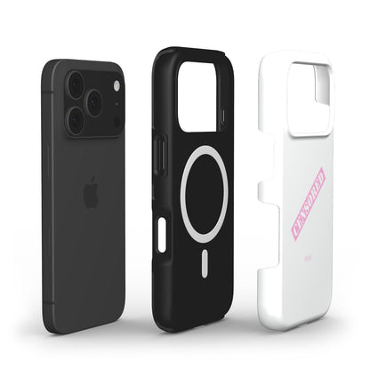 Trendy phone case set with a clean black design and a stylish white case featuring a pink "CENSORED" print, perfect for a girly, feminine look.