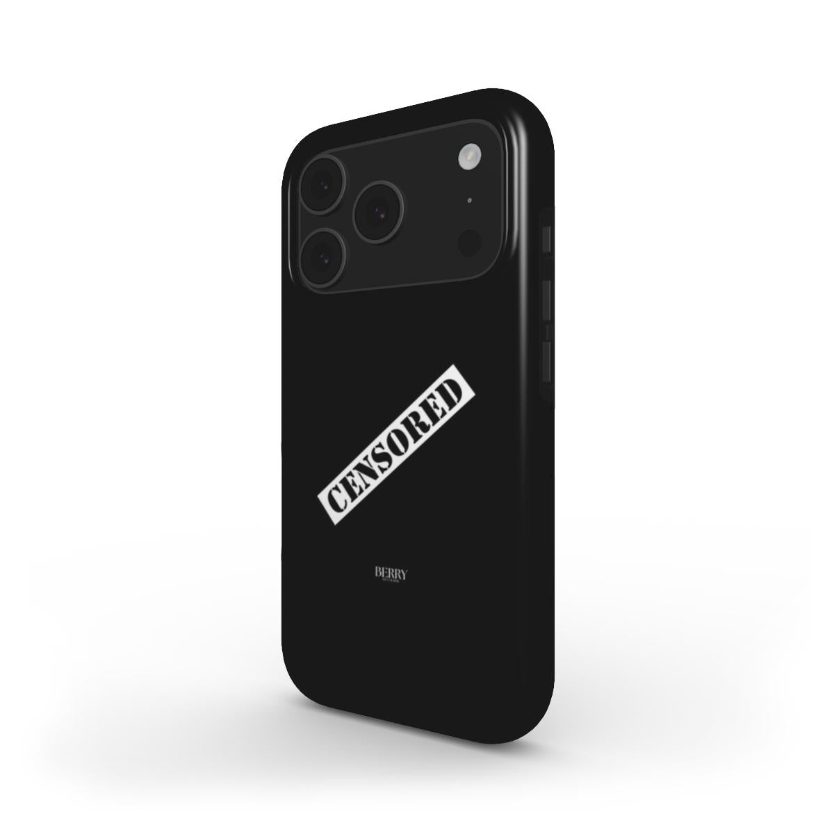Trendy black phone case with bold white "CENSORED" text, featuring a sleek and feminine design with a modern monochrome color pattern.