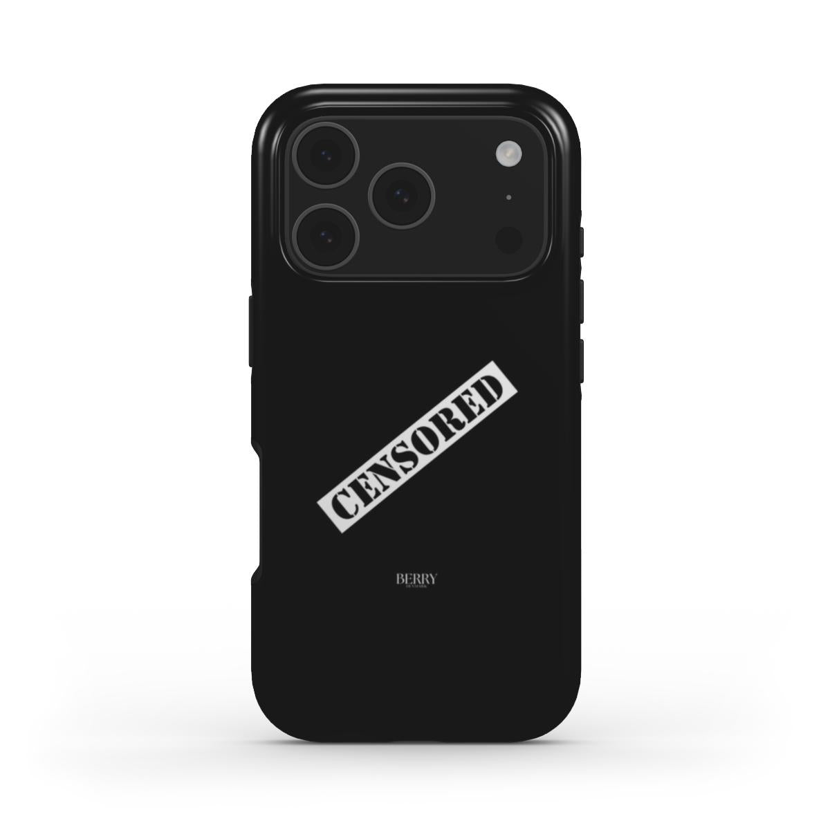 Trendy black phone case with white "CENSORED" text and subtle branding, offering a sleek, feminine, and aesthetic look for a stylish girl.