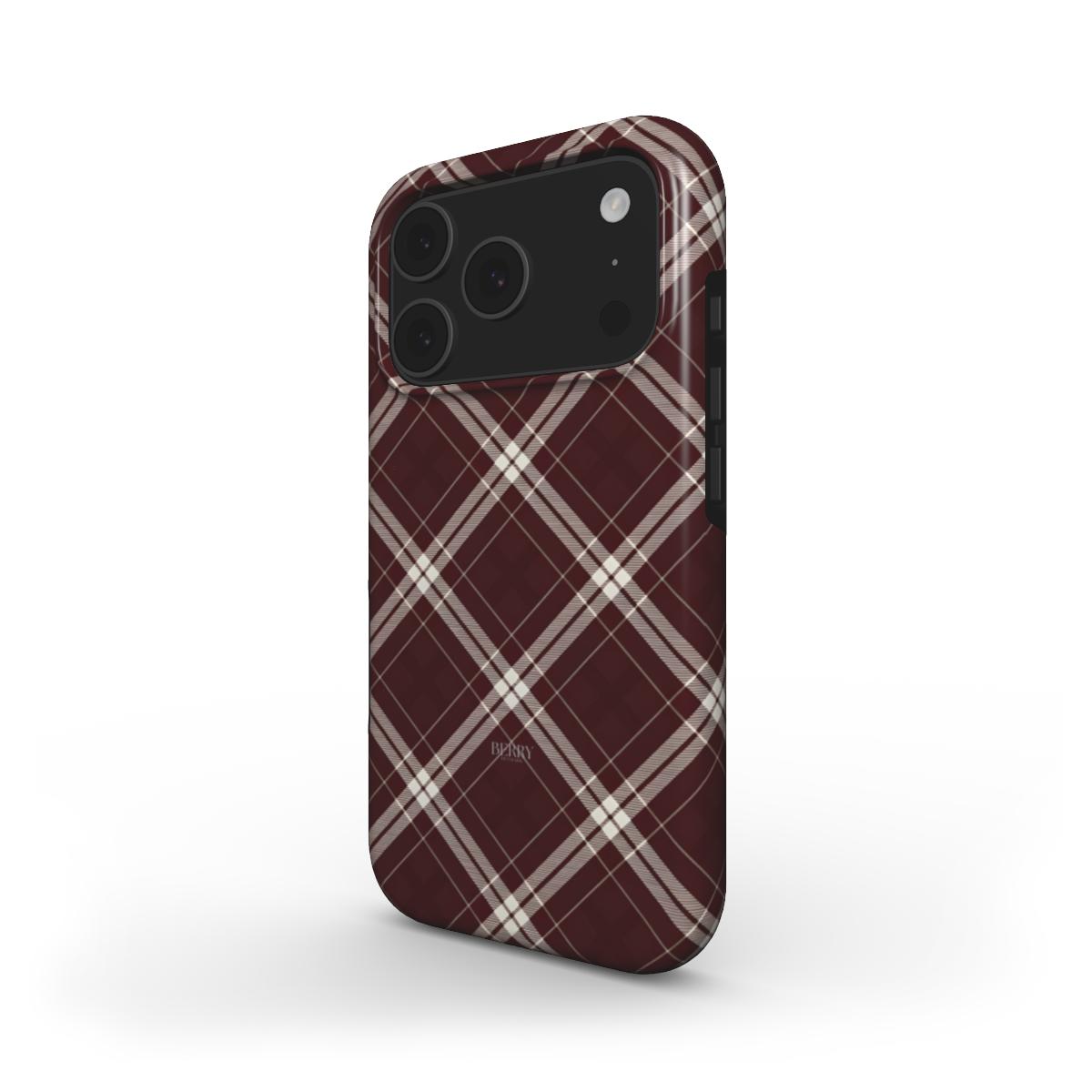 Trendy phone case with a multicolored red plaid pattern, offering a feminine and cozy aesthetic perfect for stylish, girly looks.