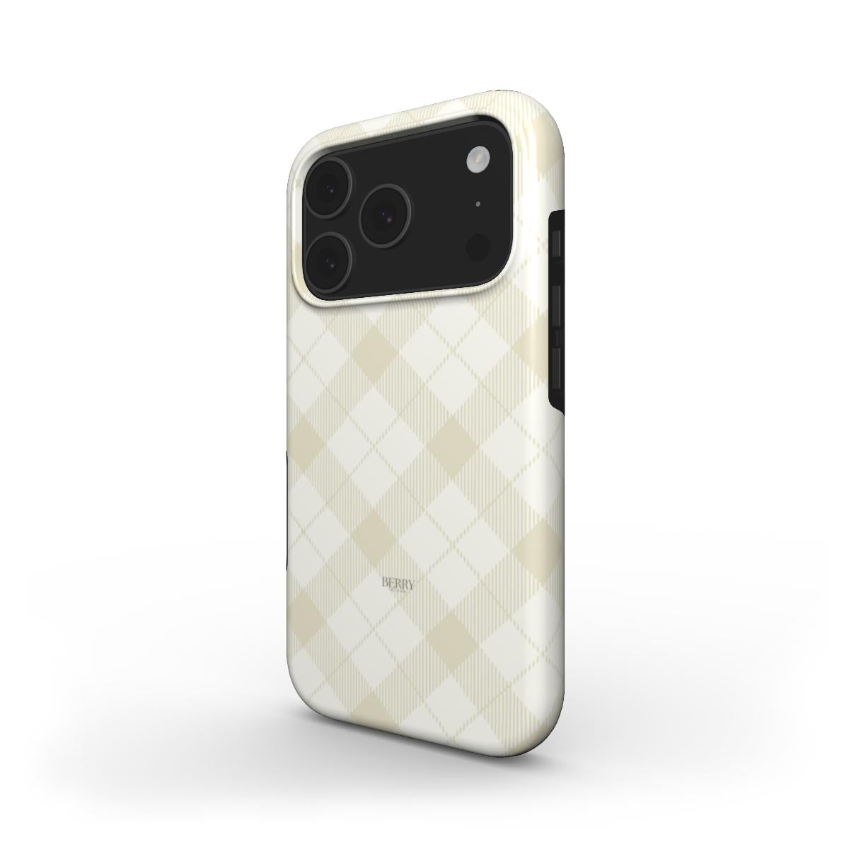 Phone case with a beige, white, and multicolored plaid pattern creating a trendy, feminine, and beautiful aesthetic.