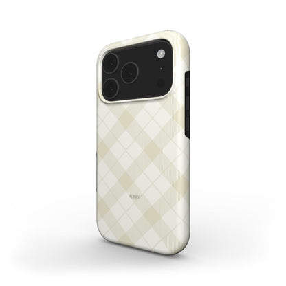 Phone case with a beige, white, and multicolored plaid pattern creating a trendy, feminine, and beautiful aesthetic.