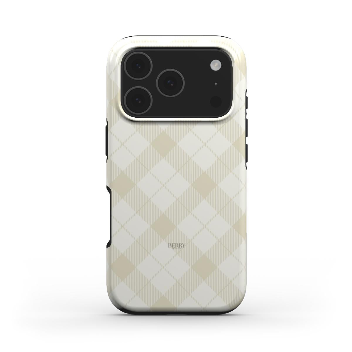 Beige and white checkered phone case with subtle multicolor accents, offering a trendy and feminine look for an elegant, cozy style.