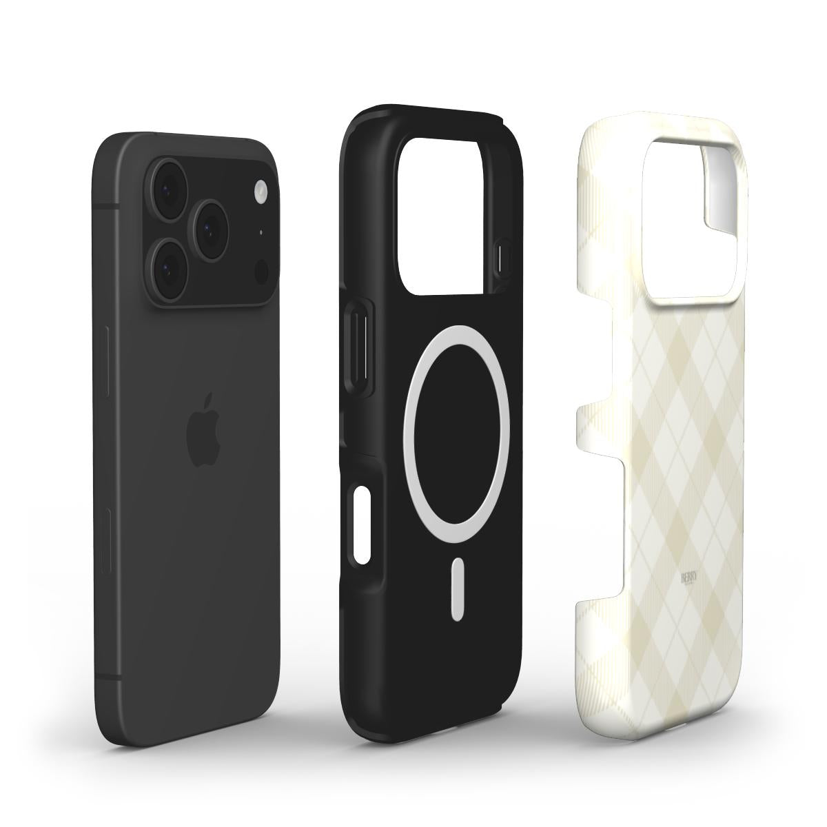 Black MagSafe phone case with beige and white patterned protective cover next to a sleek black smartphone, representing a trendy and feminine style.