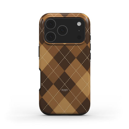 Trendy phone case with a brown, beige, and gold checkered pattern, featuring a stylish and feminine design with a soft, aesthetic appeal.