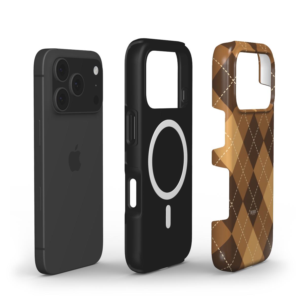 Two phone cases and a black smartphone, one case is sleek black with a circular pattern and the other has a trendy brown and beige argyle design.