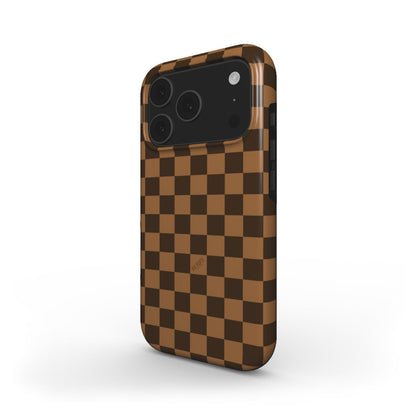 Trendy feminine phone case with a bronze and beige checkered pattern, featuring a stylish, girly design perfect for that popular aesthetic look.
