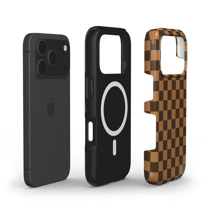 Trendy phone cases in bronze and beige checkered pattern with sleek black, designed for a feminine and popular aesthetic.