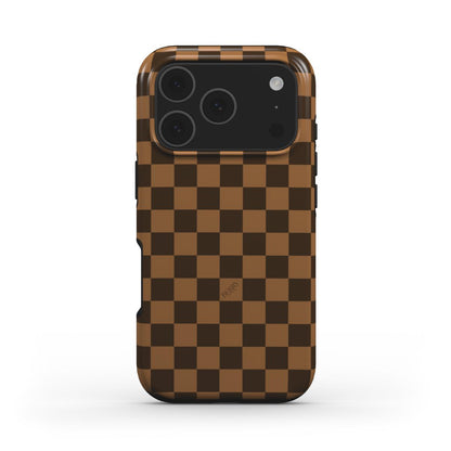 Trendy phone case with a bronze and beige checkered pattern, featuring a stylish and feminine aesthetic perfect for a popular, beautiful look.