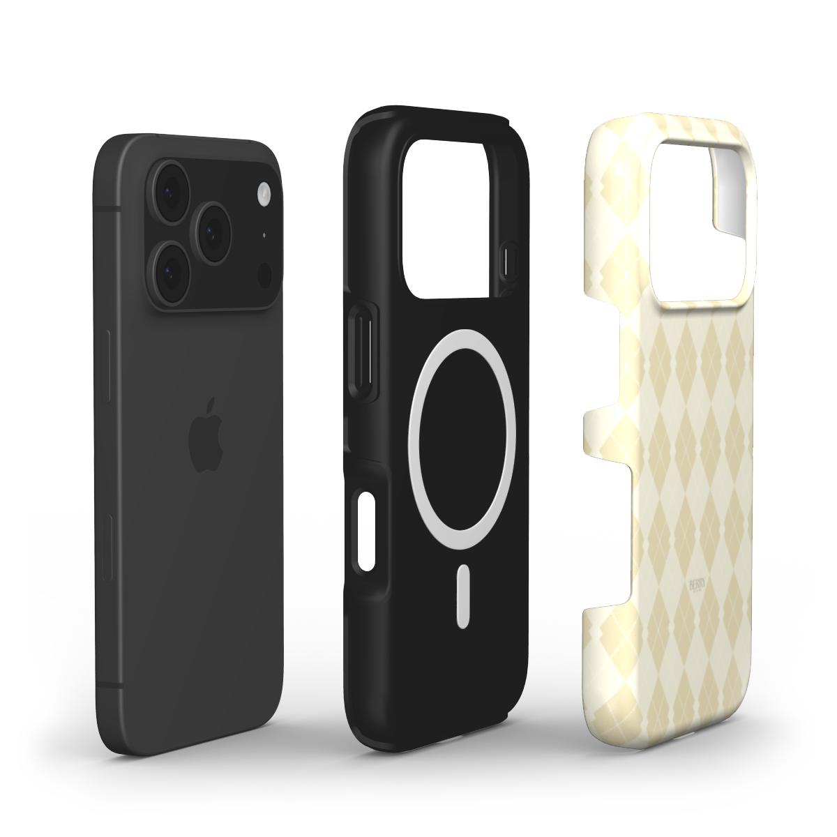 Stylish beige and multicolored phone case with trendy pattern, designed for a feminine and beautiful aesthetic, displayed alongside a black smartphone and MagSafe case.