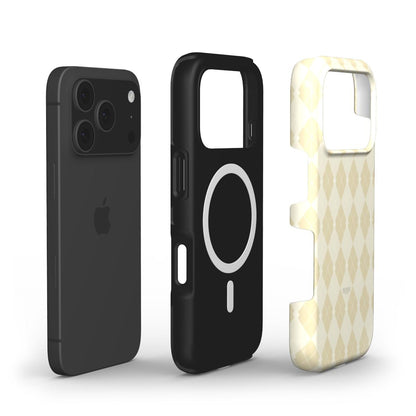Stylish beige and multicolored phone case with trendy pattern, designed for a feminine and beautiful aesthetic, displayed alongside a black smartphone and MagSafe case.