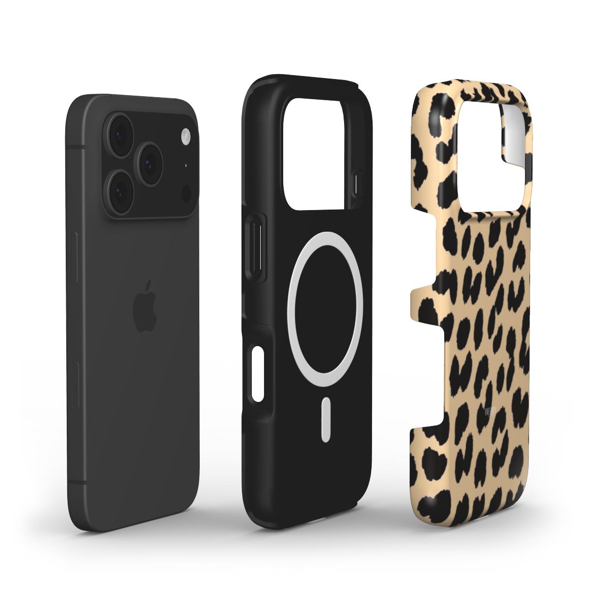Stylish phone case set with a sleek black magnetic layer and a trendy, feminine leopard print cover, perfect for an aesthetic and popular look.