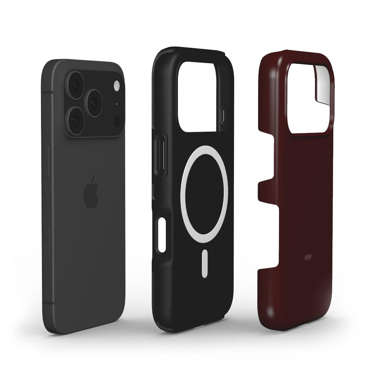 Trendy feminine red phone case in a sleek, aesthetic design alongside a black magnetic compatible case and a modern smartphone.