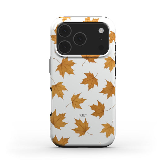 Trendy phone case with a vibrant yellow autumn leaf pattern on a white background, offering a feminine and popular aesthetic for stylish users.