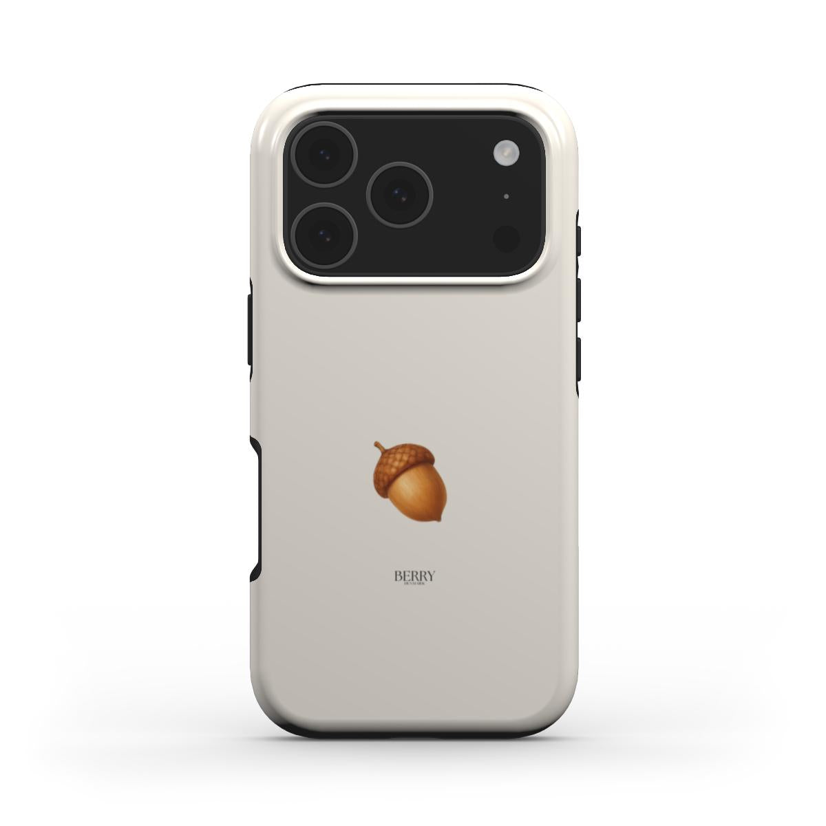 Beige and brun phone case with a trendy multicolored acorn design, combining a feminine and popular aesthetic for a stylish look.