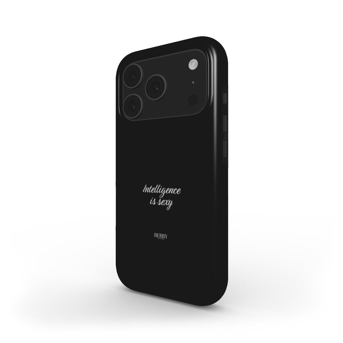 Sleek black phone case with minimalist white script design, combining trendy and feminine style for a popular and beautiful aesthetic accessory.