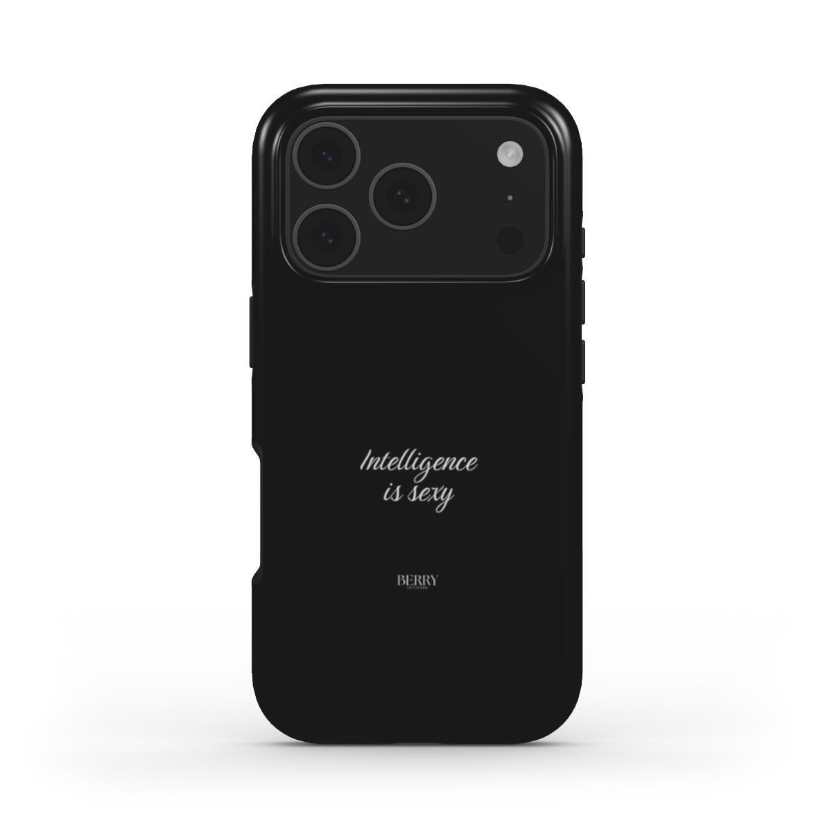 Sleek black phone case with minimalist white script text, combining trendy and feminine style for a popular, sophisticated, and aesthetically appealing look.