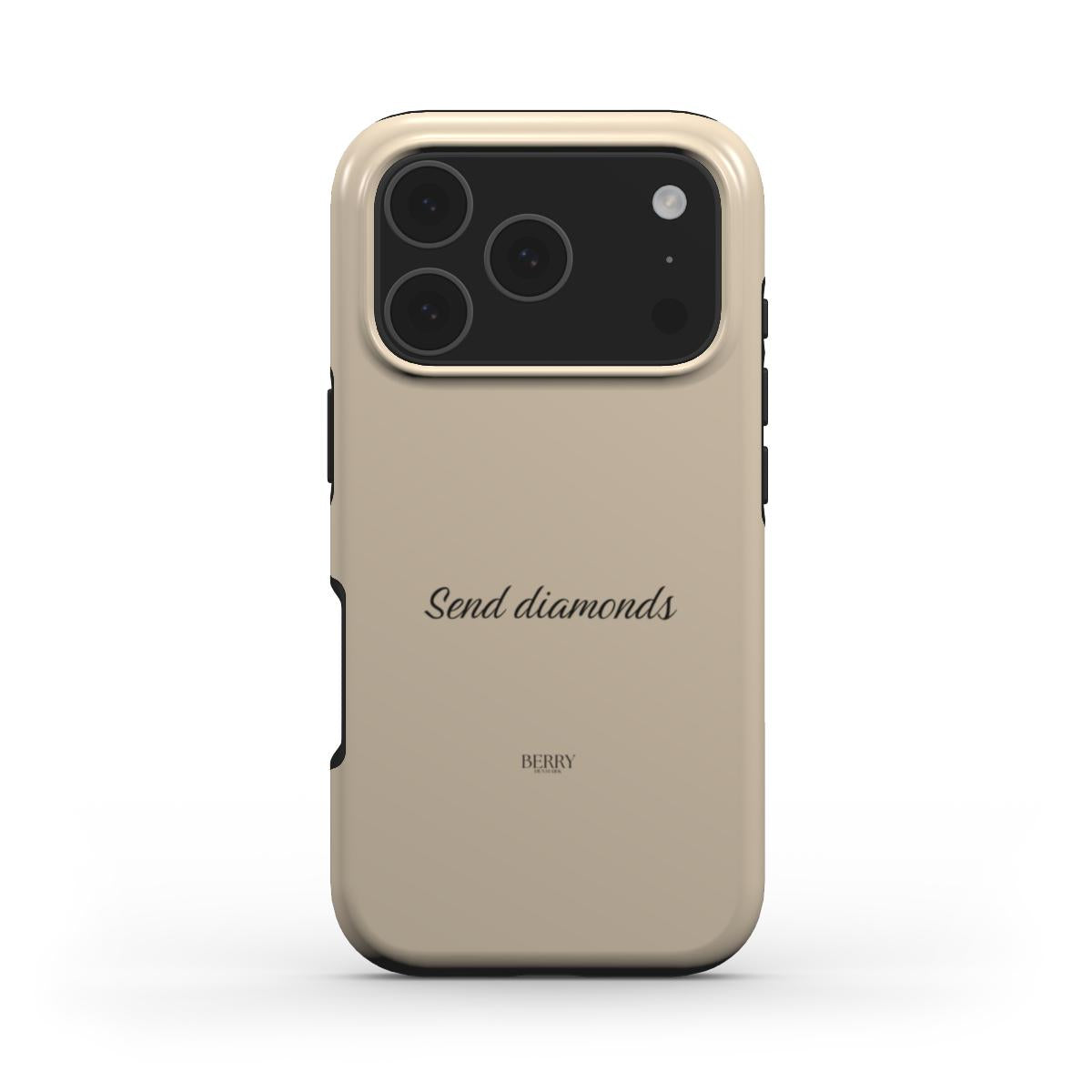 Trendy beige and brun phone case with feminine "send diamonds" script, offering a stylish and aesthetic protective accessory for that girl vibe.
