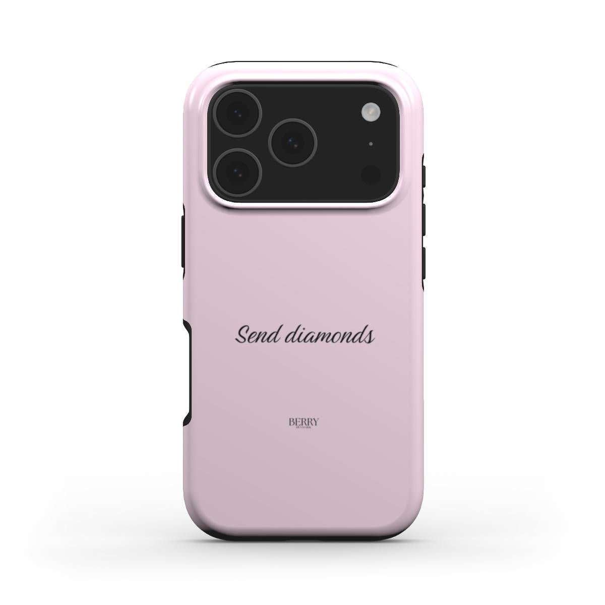 Trendy pink phone case with a feminine and beautiful aesthetic featuring elegant "Send diamonds" text, perfect for a stylish and girly vibe.