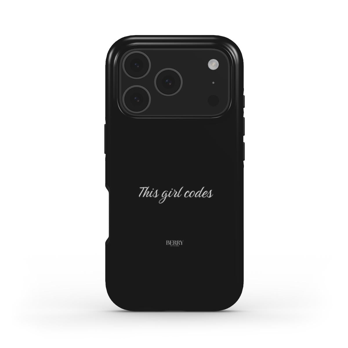Trendy black phone case with minimalist text "This girl codes" in stylish font, designed for a feminine and beautiful aesthetic.