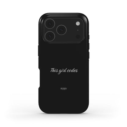 Trendy black phone case with minimalist text "This girl codes" in stylish font, designed for a feminine and beautiful aesthetic.