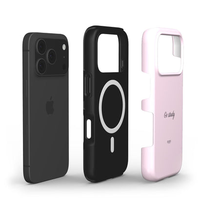 Trendy pink "Go Study Rose" phone case with a feminine and stylish design next to a black phone and MagSafe-compatible protective cover.