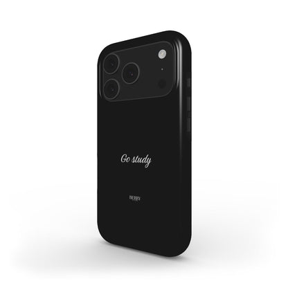 Sleek black phone case with minimalist "Go study" text, showcasing a trendy and feminine design perfect for a stylish and aesthetic look.
