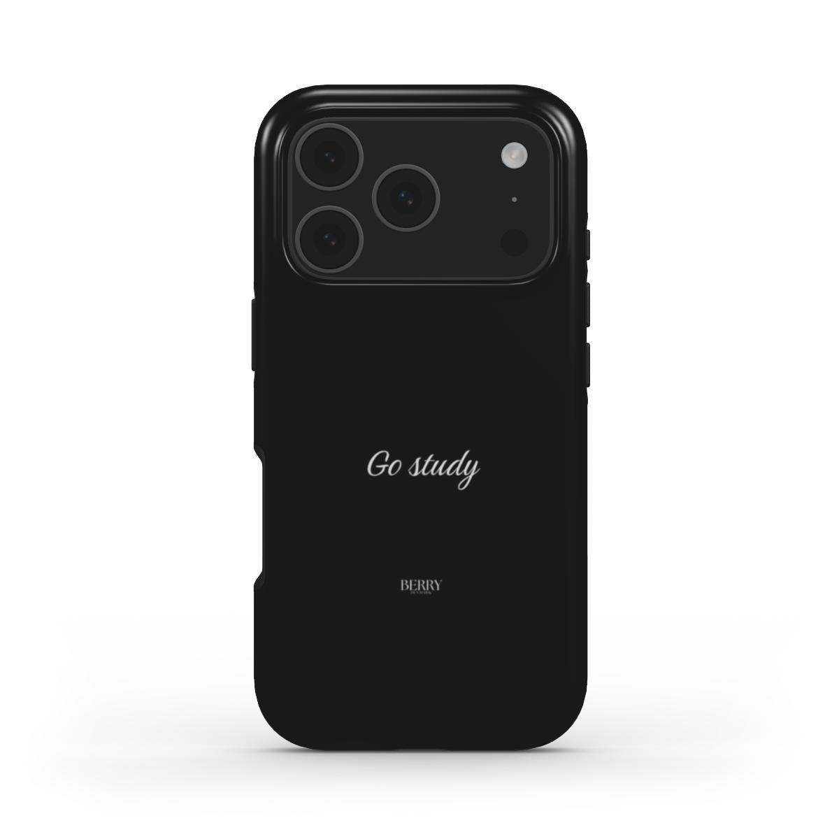 Minimalist black phone case with elegant "Go study" text in white, featuring a sleek and trendy design perfect for a feminine and popular aesthetic.