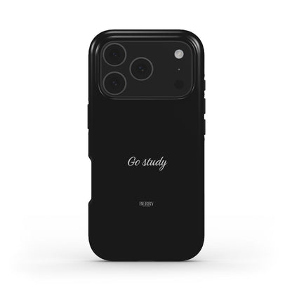 Minimalist black phone case with elegant "Go study" text in white, featuring a sleek and trendy design perfect for a feminine and popular aesthetic.